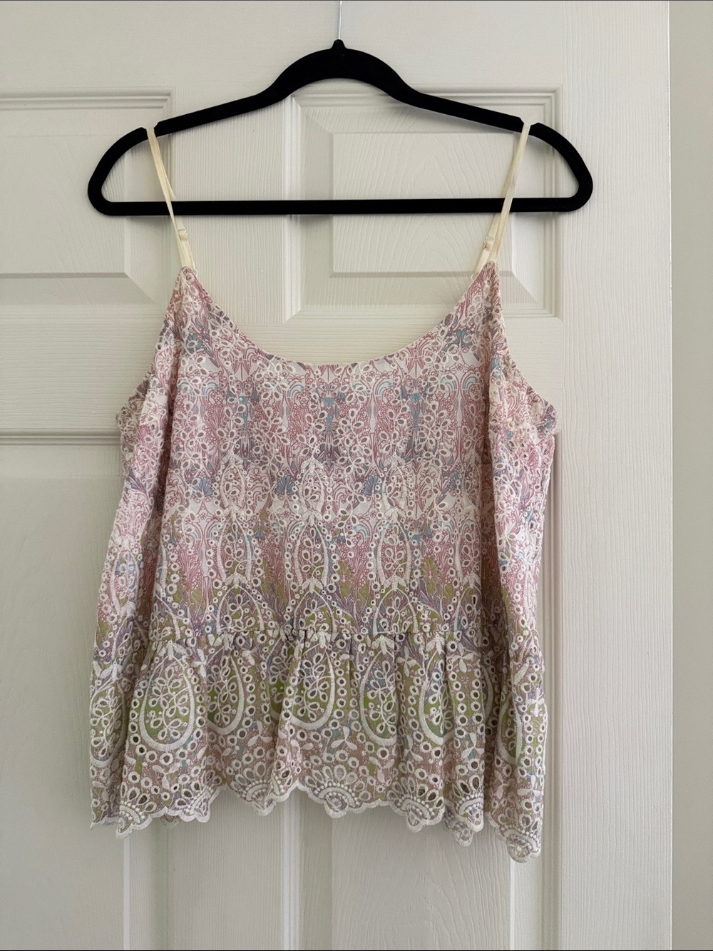 Anthropologie Pink & Green Eyelet Lace Spaghetti-Strap Camisole